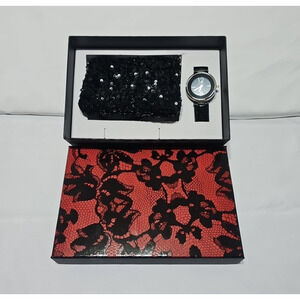 Ensemble Womens Watch & Small Purse Set Quartz Watch Black Leather Sequin Purse